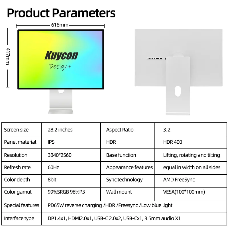 Фото Экран дисплея Kuycon P10, 28,2 дюйма, 4k60HZ, дизайнерский монитор высокой четкости, IPS, зеркальная поверхность, ноутбук, монитор с разделенным экраном №3