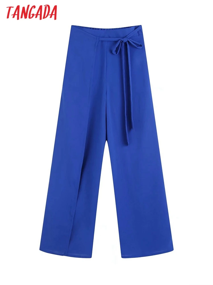 

Tangada 2022 New Women Blue Wide Leg Suit Pants Trousers with Bow Office Lady Elegant Business Pants CE53