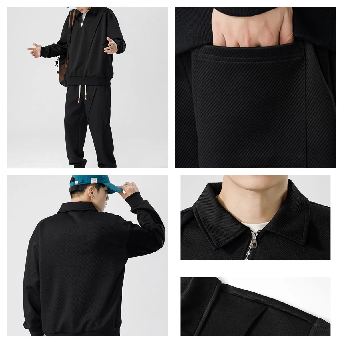 Spring and autumn new men's high-quality casual sports suit, men's fashion tide gang handsome with lapel oblique zipper 2-piece