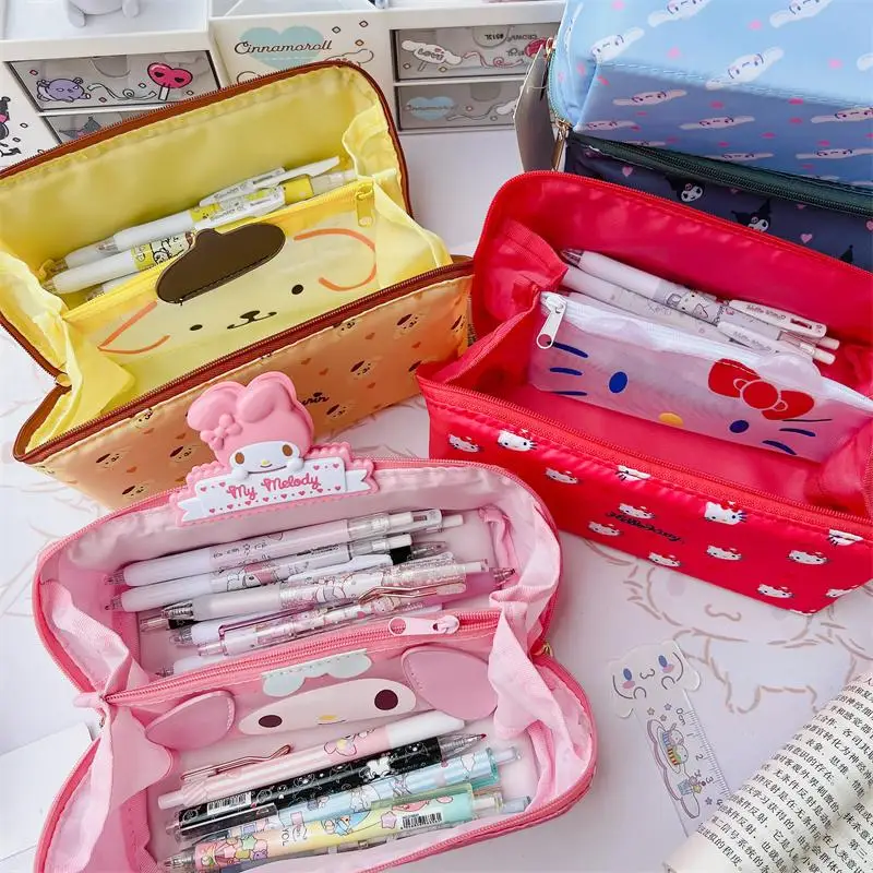 

Kawaii Hello Kitty Pencil Case Kuromi Pen Box Canvas Melody Cinnamoroll Multilayer Large Capacity School Pouch Stationery Gifts