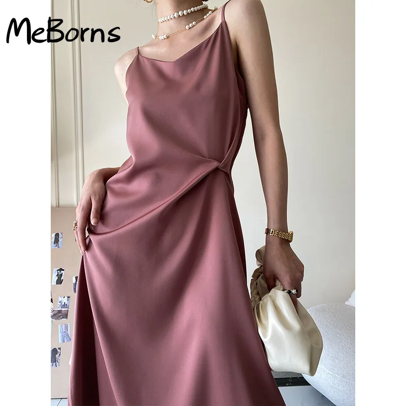

French temperament drape satin kink suspender skirt dress women 2022