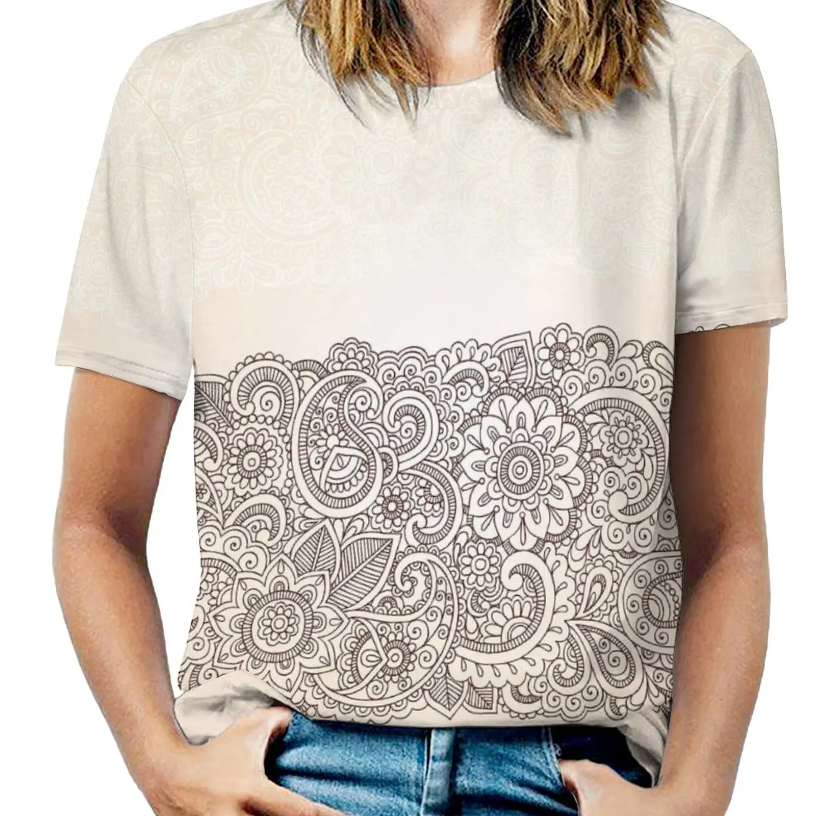 

Complex Design Mandala And Paisley Nature Inspired Traditional Victorian Revival T-shirt Round Neck Sport Humor Graphic Top Te