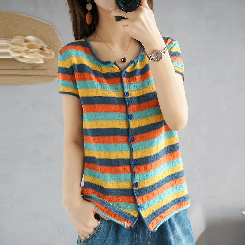 

New Summer Short-sleeved Women's Round Neck Color Matching Cardigan Tops Half-sleeved Loose Casual Knitted Bottoming Cardigan
