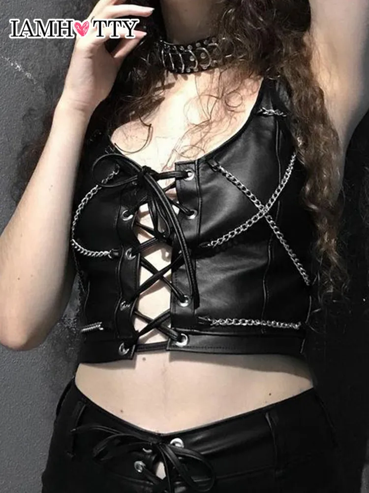 

Женский кожаный жилет IAMHOTTY цепи в стиле «готика» бандаж, Женский корсет на шнуровке с ушками, топы, черная темная академия, бюстье, топы в сти...