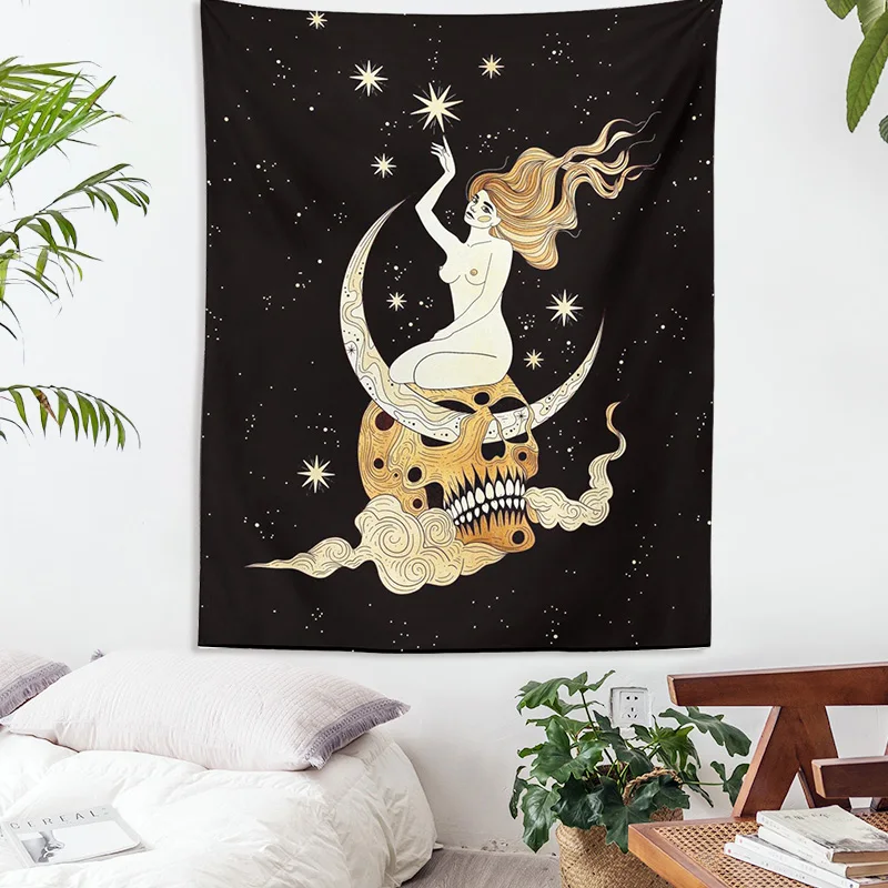 

Sun and Moon Tapestry Moon girl Tarot Card Witchcraft Wall Hanging black Art Print Mural Background Tapestries for Bedroom Dorm