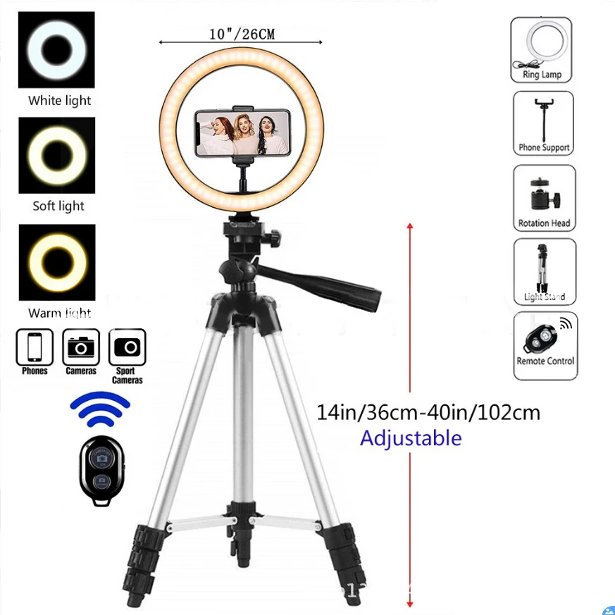 

10Inch Ringlight with Tripod and Phone Holder Led Selfie Remote Control Lamp Photography Lighting Stand Tripod for Youtube Video