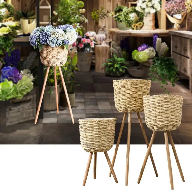 

New Handmade Bamboo Storage Baskets Laundry Straw Patchwork Wicker Rattan Seagrass Belly Garden Flower Pot Planter Basket