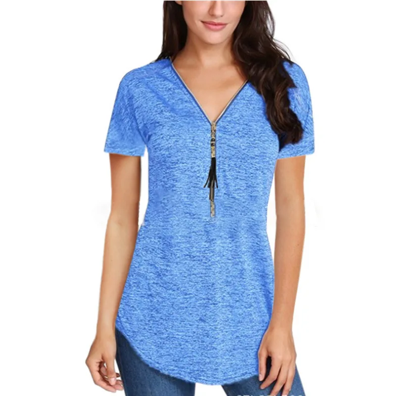 

V-neck zip zip-up plain short-sleeved women's T-shirt BLACK