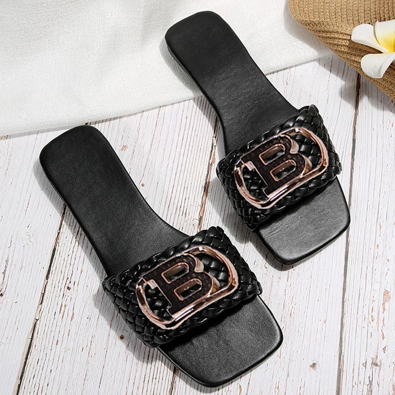 Women Luxury Decor Flat Sandals Weave Charm Design Temperament Open-toe Vacation Casual Slides Party Elegant Office-Ladies Shoes