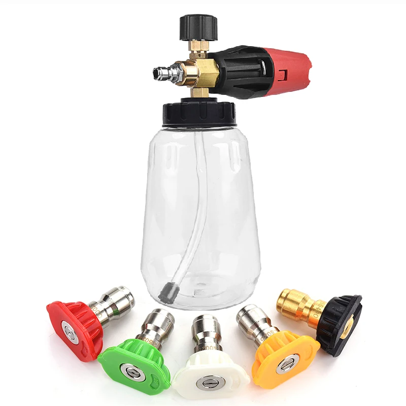 

Car Wash Snow Foam Lance Foam Cannon 1/4 Quick Connector Adjust Spray Nozzle 1L Transparent Bottle 5 Pressure Washer Nozzle Tips