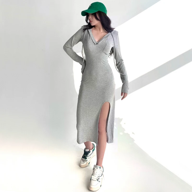 

Women Pocket Front Hooded Jersey Midi Dress With Split Side Detail Fitted Midi Dress