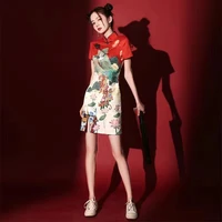 chinese fashion print dress women summer short sleeve national style cheongsam 2022 modern improve vintage elegant slim qipao