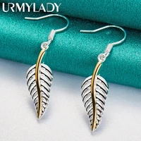 urmylady 925 sterling silver gold feather earrings ear hook eardrop for women fashion wedding party charm jewelry