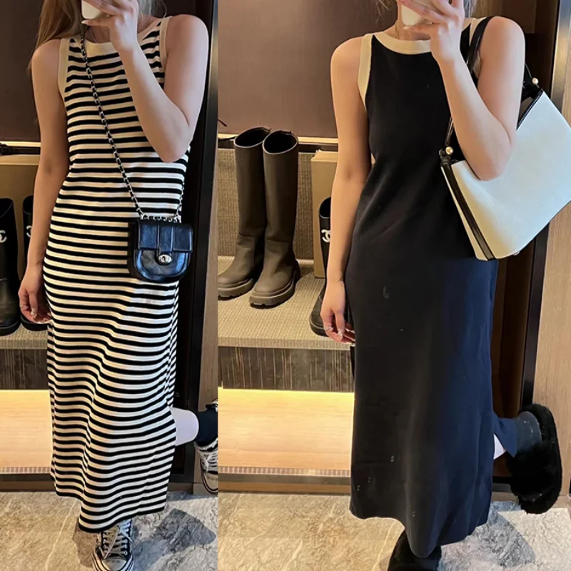 

2023 Spring and Autumn New Fashion Sexy Sleeveless Thin Temperament Long Dress Striped Side Split Knitted Bottoming Shirt Dress
