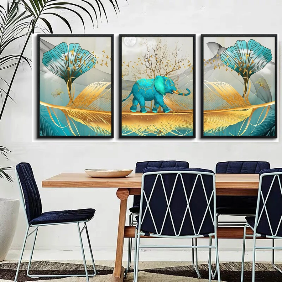 

Картина с изображением синего и золотого слона, алмазная живопись, перо, лист гинкго, полная фотография, вышивка крестиком, 3 шт., домашний декор