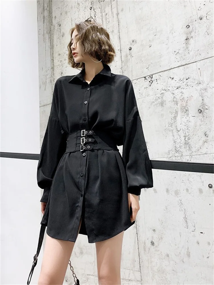 

Женское платье-рубашка с поясом, винтажное платье-рубашка на пуговицах, с длинным рукавом, в готическом стиле, лето-осень 2023