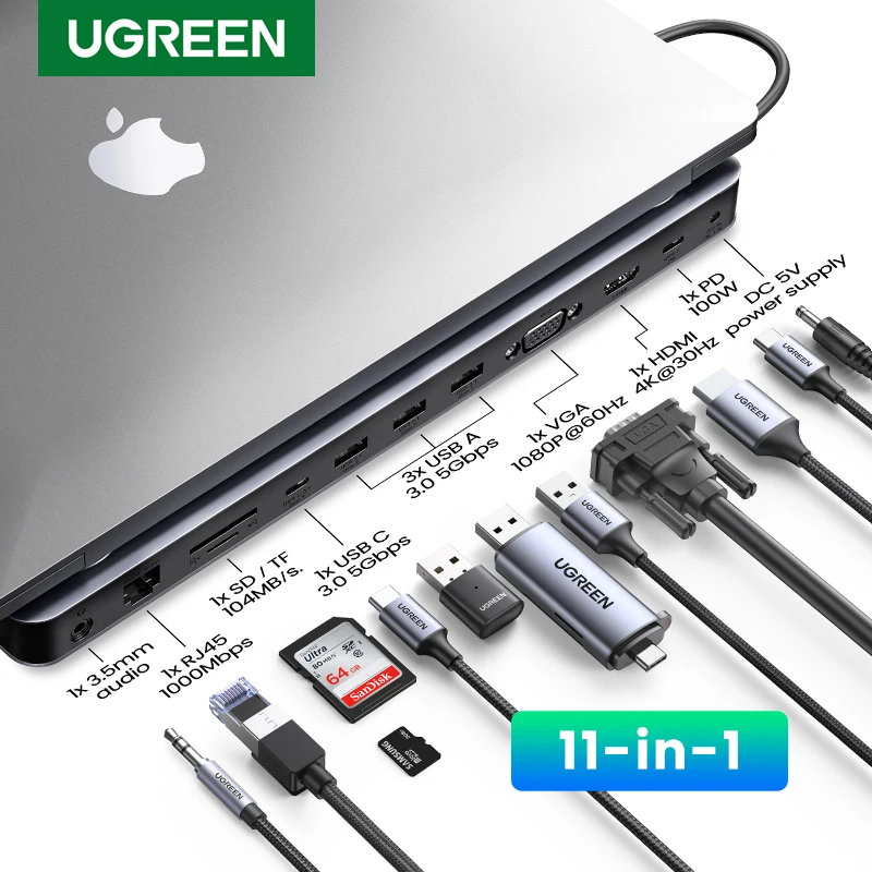 

UGREEN 11-in-1 USB C Docking Station HUB USB C to HDMI 4K VGA RJ45 PD 100W SD TF 3.5 For MacBook Pro Air M1 Laptop Dock USB HUB
