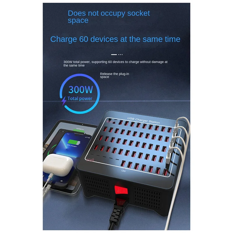 Фото N91R-300W 60, многопортовая USB-зарядная станция, базовая розетка, несколько USB-адаптеров-концентраторов для зарядного устройства для компьютера, телефона, камеры, вилки стандарта США Dura №4