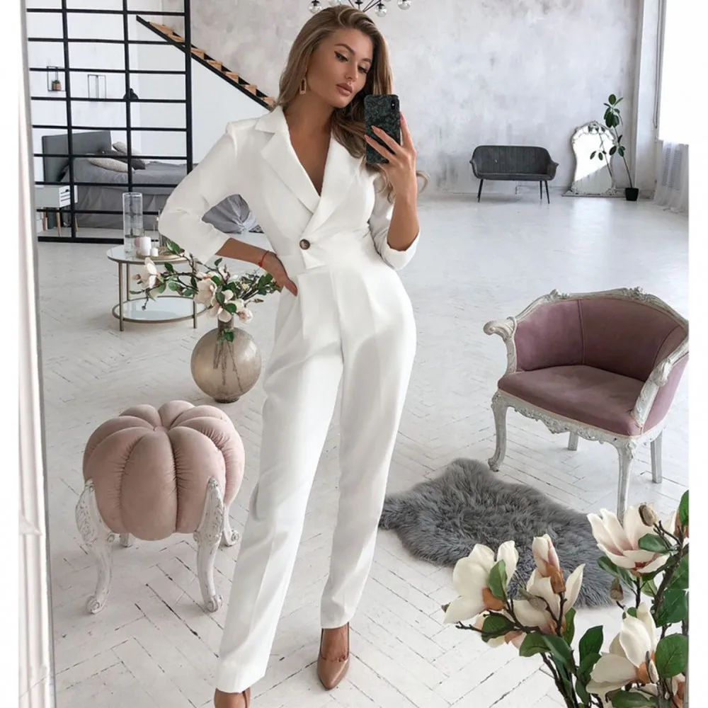 2022 Spring Elegant Women White Rompers V-neck Black Lady Office Work Jumpsuit Overalls Long Trousers Bodysuit One Piece Outfits
