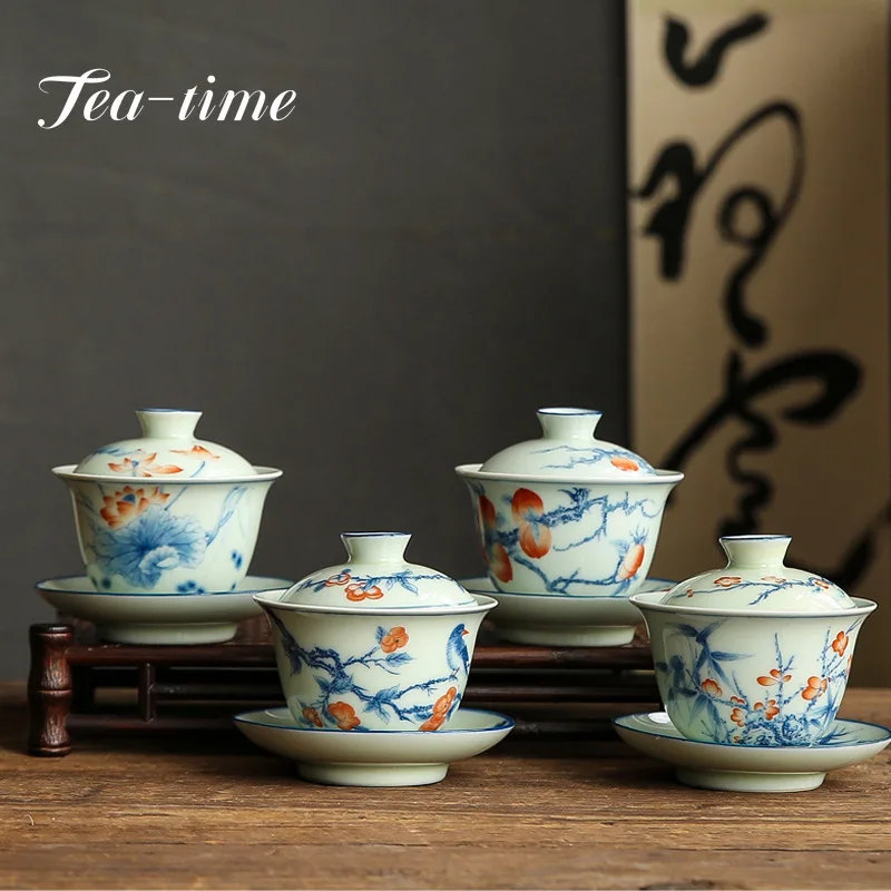 

200ml Retro Blue and White Cover Bowl White Porcelain Tea Tureen Tea Maker Ceramic Gaiwan with Lid Household Kung Fu Tea Set