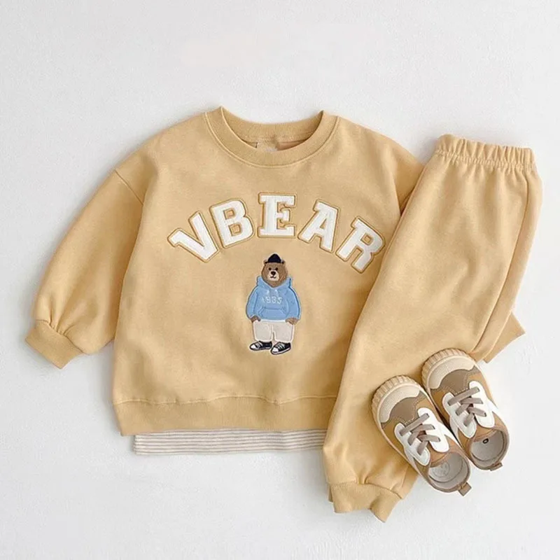 2022 Autumn New Baby Bear Print Clothes Set Kids Boys Long Sleeve Cartoon Sweatshirt + Solid Trousers Casual Children 2pcs Suit