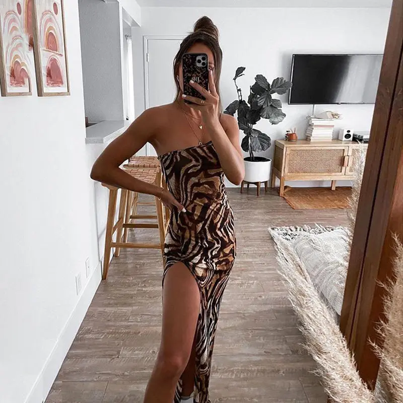 

European And American-Style2021Summer New Women's One-Shoulder Design Sexy Slit Slim Tiger Pattern Dress for WomenDress