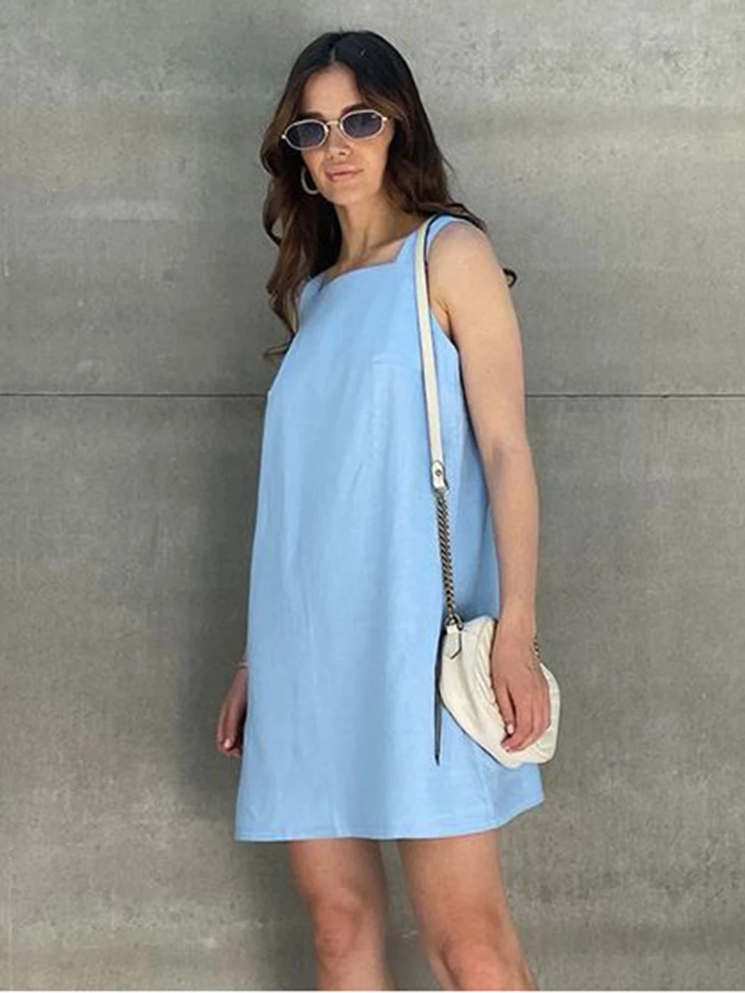 

2023 New French Blue Sleeveless Sundress Cotton Loose Square Collar Straight Solid Color Casual Basic Women Summer Tank Dress