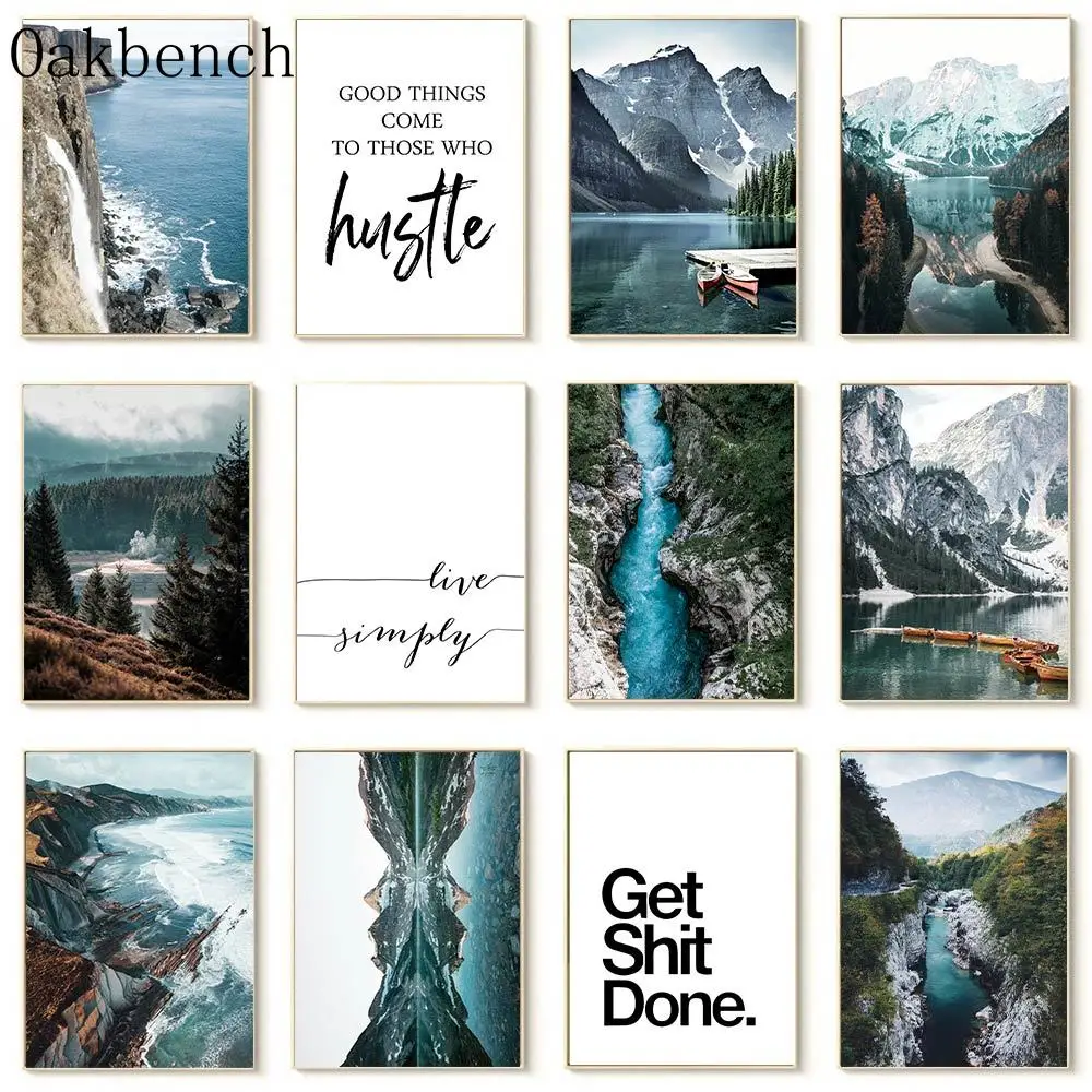 

Mountain Wall Poster Lake Reflection Poster Wave Wall Art Canvas Forest Wall Pictures Cliff Boat Art Print Landscape Room Decor