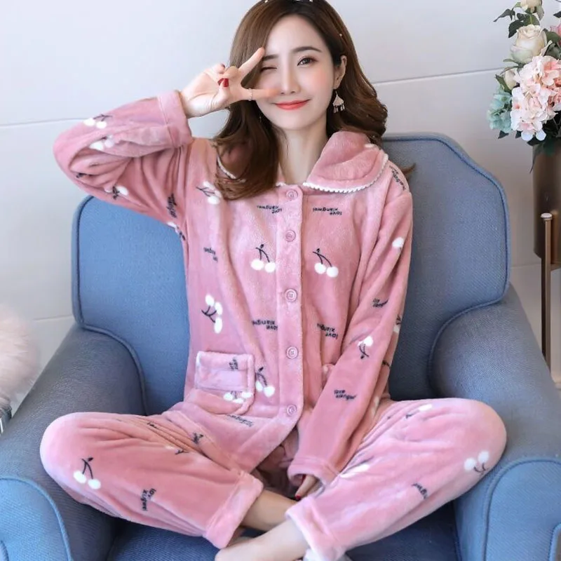 Flannel Pajamas Set Women Winter Warm Single Breasted Pyjamas Long Sleeve Soft Comfortable Sweet Elegant Woman Sleepwear Thicker