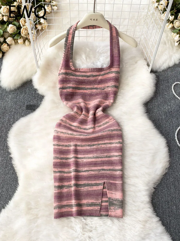 

EWQ Sweet Style Split Striped Knitted Contrast Color High Waist A-line Women's Hip Warp Dress 2023 Summer New Dresses 27SN3443