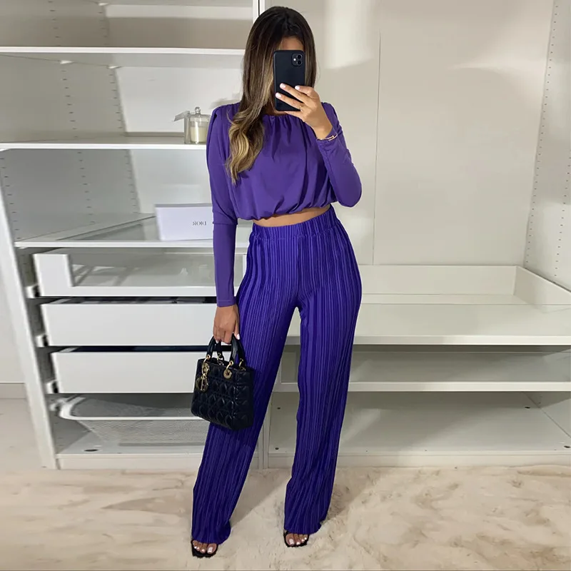 

Women's 2023 spring O Neck short long sleeve bottoming shirt pleated high waist casual trousers two-piece suit