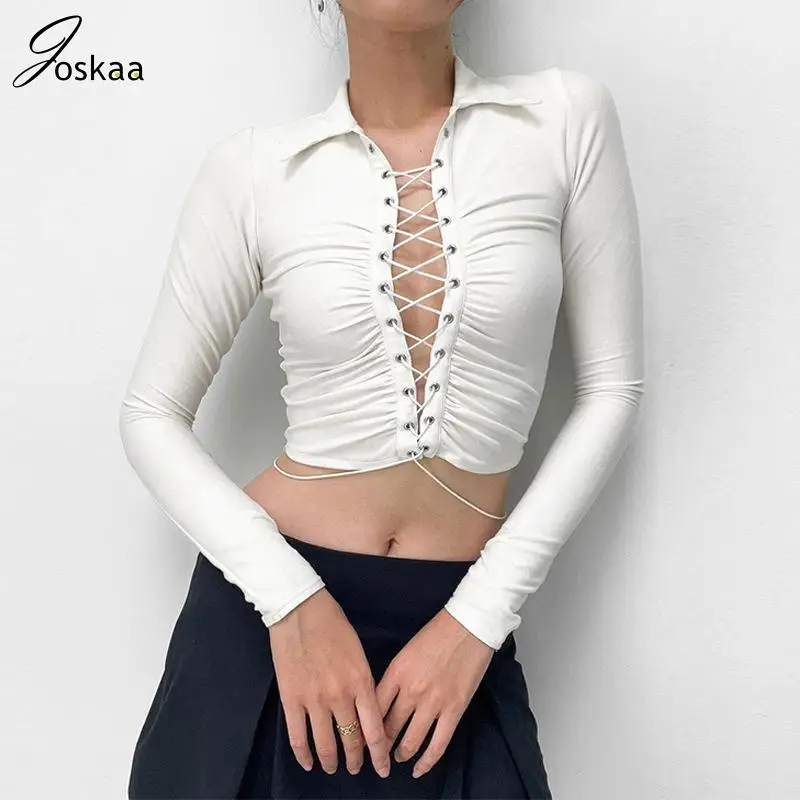 

Joskaa Fashion White Turndown Neck Long Sleeve Cut Out Bandage Sexy Crop Tops Women Fall 2023 Hipster Party Streetwear T-Shirts