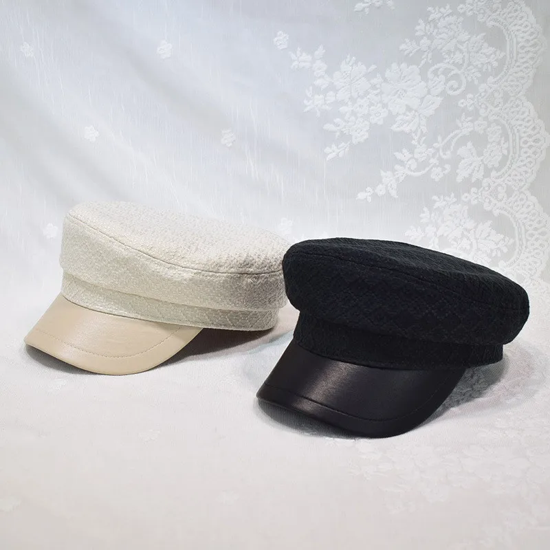 

202210-2509209 шикарная Прямая поставка твидовая тканевая клетчатая Лоскутная модная женская восьмиугольная шляпа с полями из ПУ для мужчин и жен...