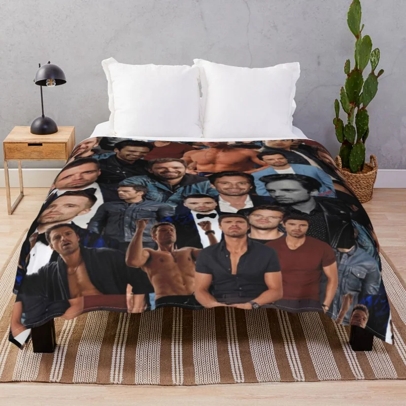 

Sebastian Stan Photo Collage Thick Blanket Flannel Decoration Warm Throw Thick Blankets for Bed Sofa Cinema