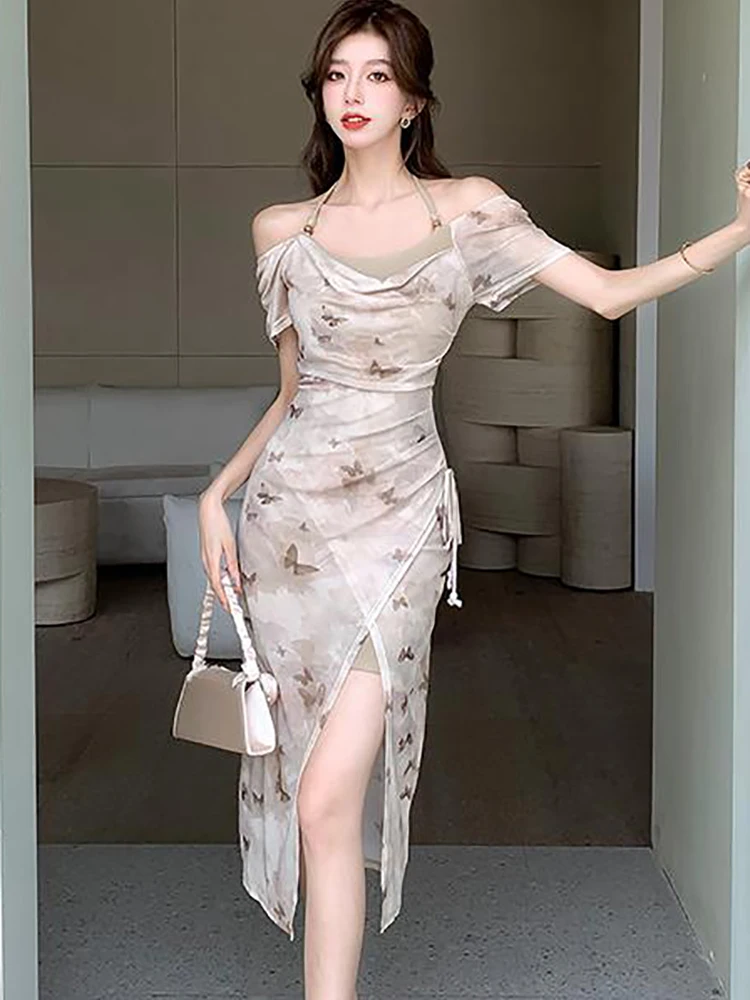 Женское длинное пляжное платье с принтом элегантное облегающее в Корейском