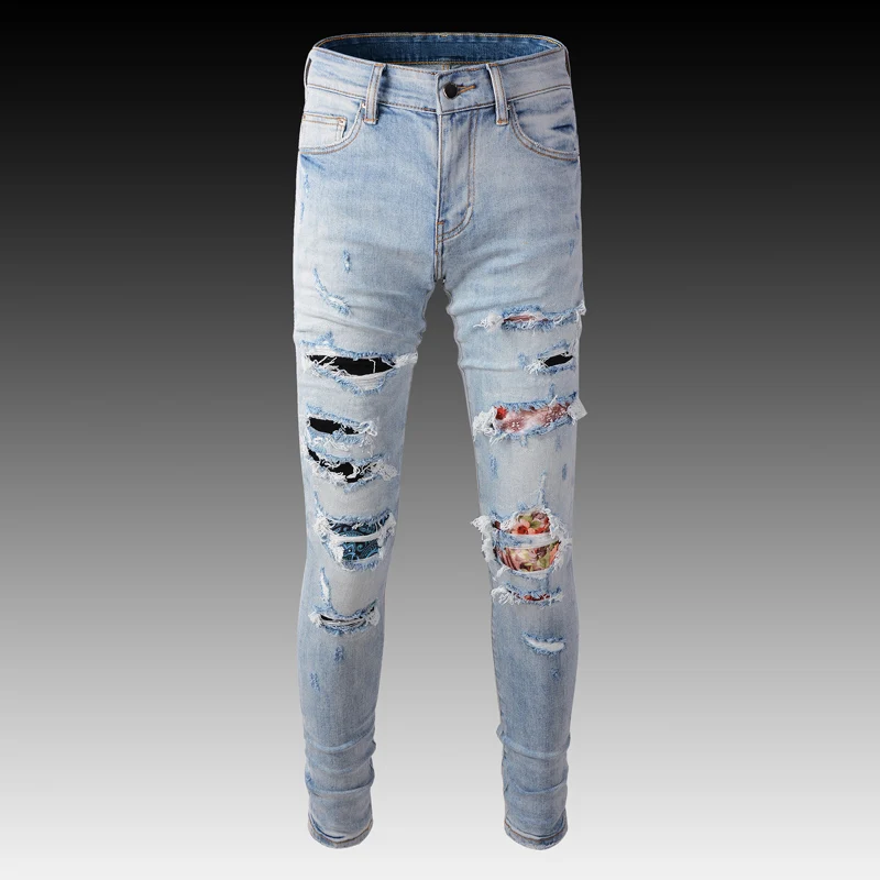 Fashion Streetwear Men Jeans Light Blue Elastic Slim Fit Stretch Destroyed Ripped Jeans Men Patched Designer Hip Hop Brand Pants