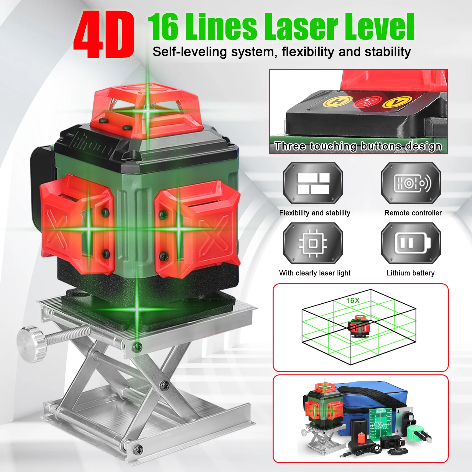 

Многофункциональный лазерный уровень с 16 линиями, инструмент для выравнивания, вертикальный, горизонтальный, поперечный свет, 3 °, Лазерные ...