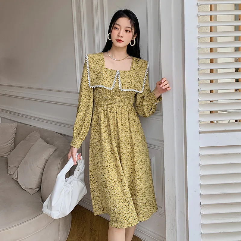 

French Floral High Waist Slim Dress Women 2022 Fashion Spring Lotus Leaf Collar Mid-length Lace Stitching A-line Skirt Women