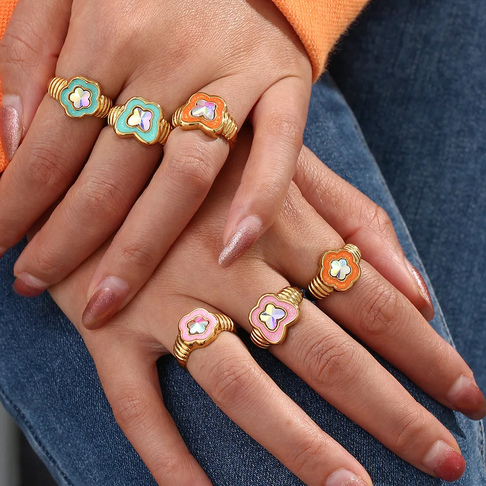 

TAUAM Water Resistant Stainless Steel Ring Flower Butterfly Colorful Enamel Stone Rings For Womem Gold Ring