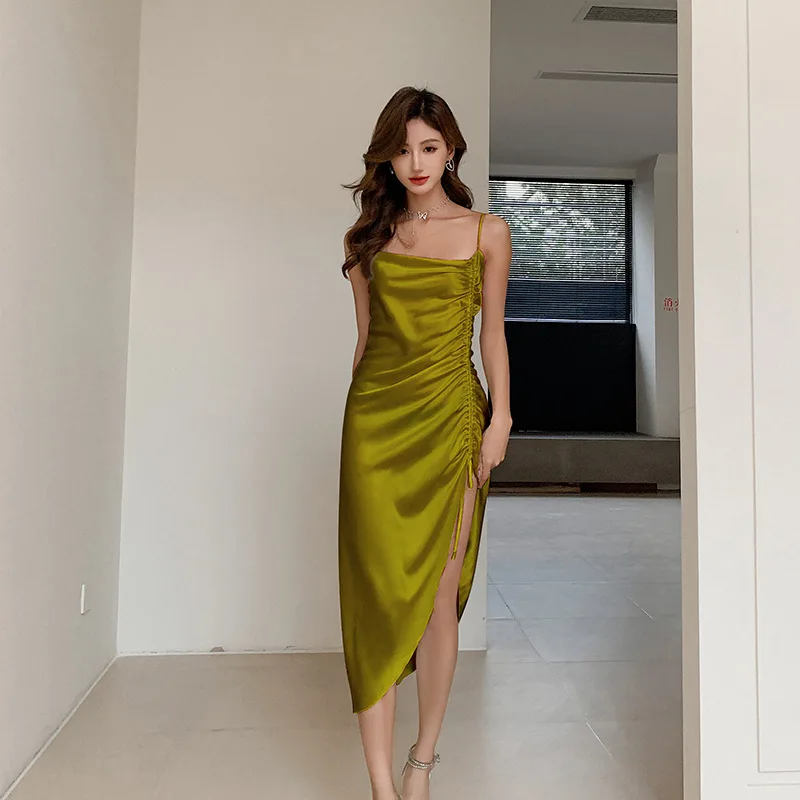 New Women's Pajamas Sexy Sling Dress Silk Like Homewear Leisure Long Skirt Drawstring Dress Sleepdress Wear Outside