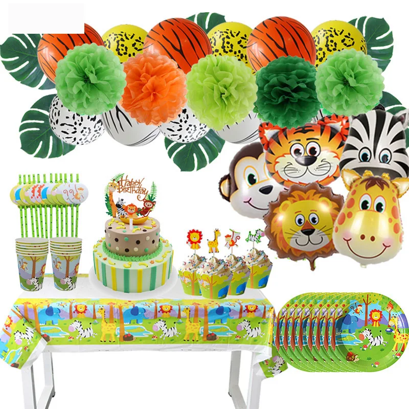 

Для вечеринки в стиле сафари набор посуды, украшение для дня рождения, Детские тарелки, чашки, шляпы, скатерть, соломенное животное, джунгли, ...