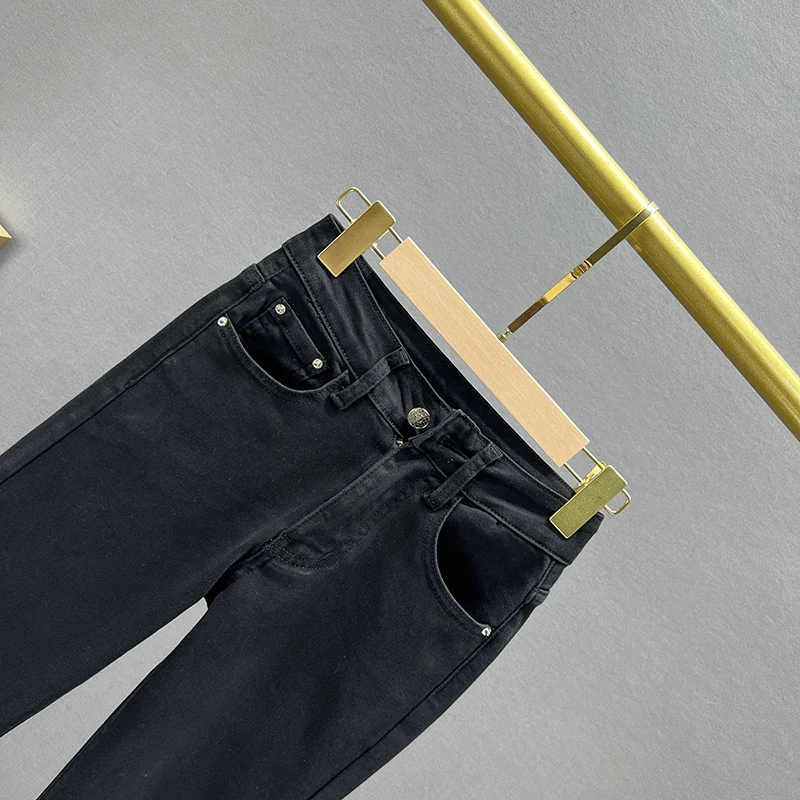 Beaded Denim Bell-Bottom Pants Women's Trendy 2023 New Spring Stretchy High Waist Jeans Slimming Fringed Burr Trousers