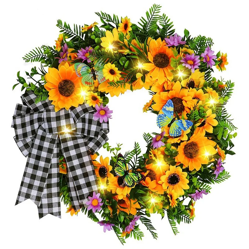

18 Inch Sunflower Wreath, Spring/Summer Wreath With LED Lights For Front Door Farmhouse, Handmade Silk Flower Wreath