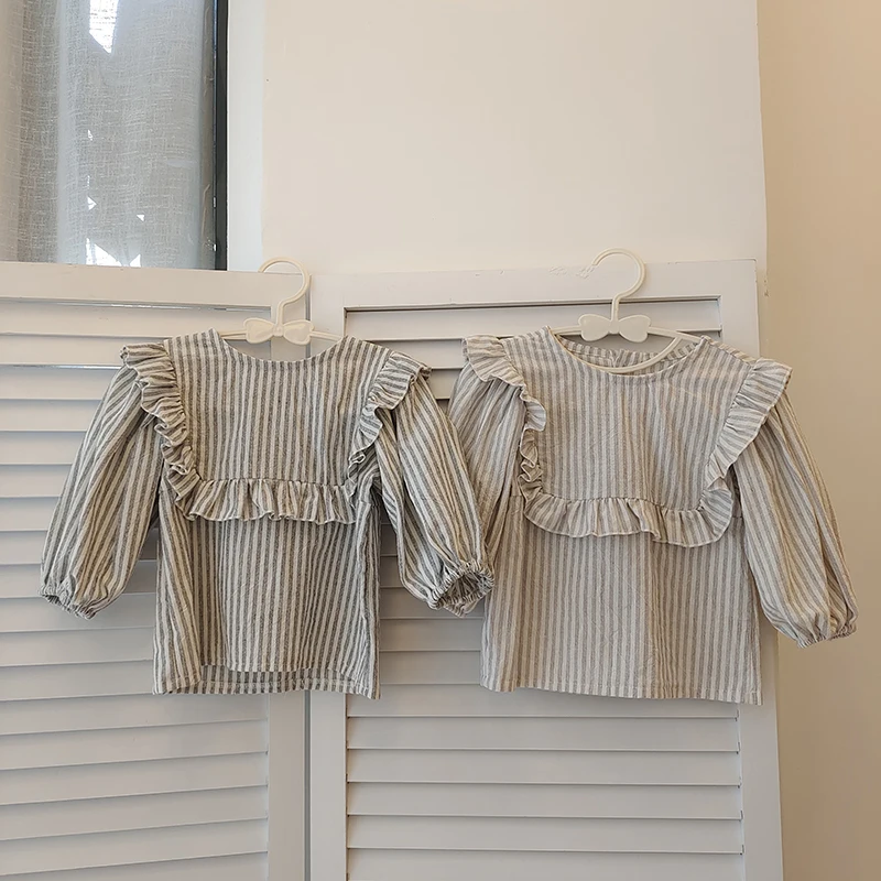 

Sweet Baby Girls Shirt Striped Print Ruffled Collar Pullover Blouse Children Cotton Linen Casual Long Sleeve Spring Blouse Tops