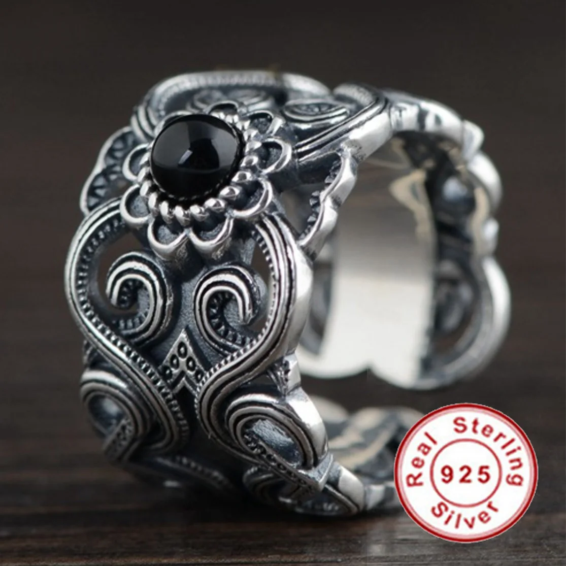 

Weight 13.2g Luxury 925 Jewelry Sterling Silver Inlaid Agate Resizable Rings For Men Women S925 Silver Flower Signet Ring Gifts