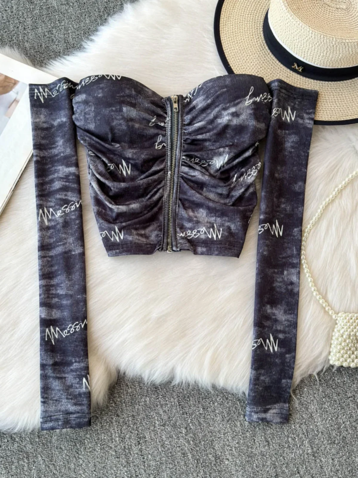 Foamlina 2024 осенняя новая футболка двусторонняя окрашенная со складками и принтом