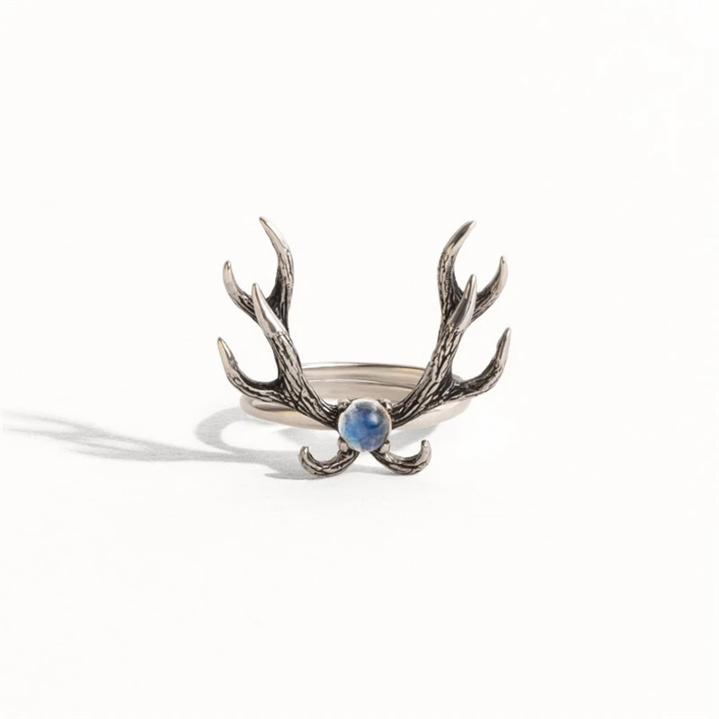 

Simple Personality Design Elk Antler Inlay Blue Gemstone Ring Sweet And Lovely Women Metal Rings Anniversary Party Gift Jewelry