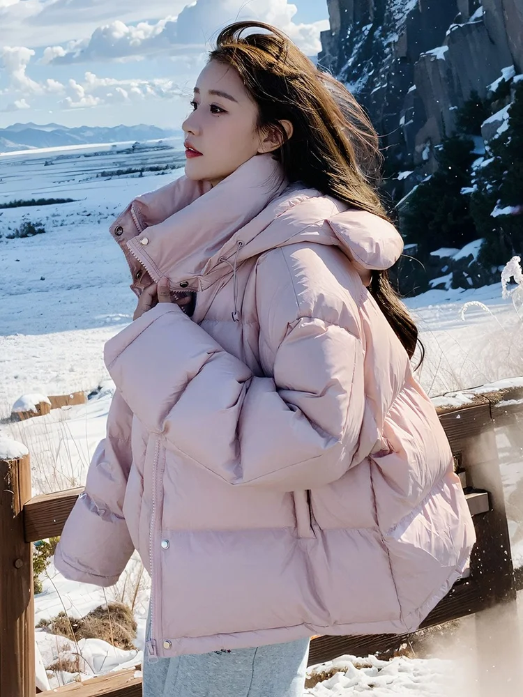 Pink Preppy Hood Down jacket Women Winter 2024 New High Sense Short Small White Duck Down Outerwear