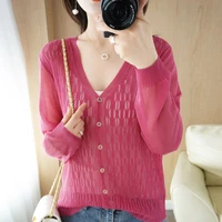 early spring 2022 new bright silk ice silk knitted cardigan womens thin coat loose hollow summer sunscreen top