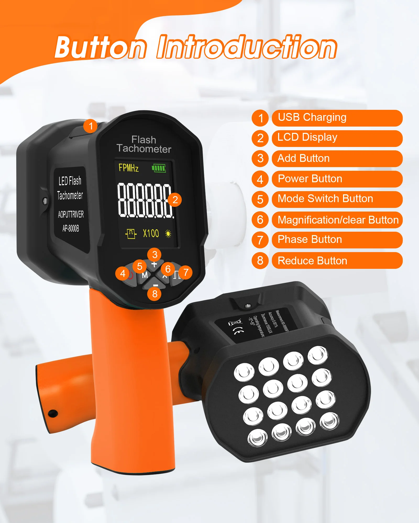 Фото Цифровой бесконтактный стробоскоп-тахометр 99999 об/мин с LED-вспышкой, 60-100K FPM, промышленный измеритель скорости для двигателей и редукторов №3